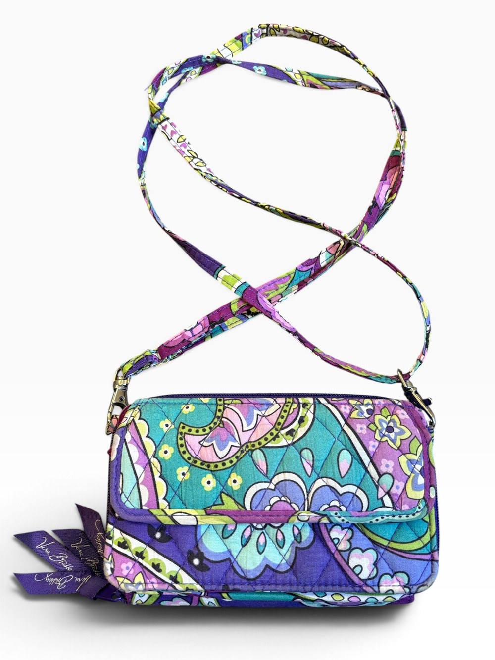 Vera Bradley “Heather” Teal/Purple Paisley Crossbody Wallet Bag Swing Bag